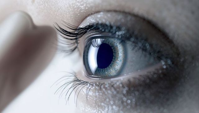 Inspecting human eye macro with blue-grey iris, tear film and fingertip detail