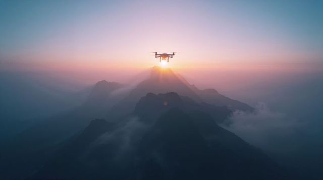 Hovering drone over misty mountain ridge at sunrise creating backlit silhouette panorama