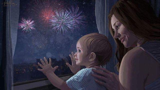 Mother and toddler watching fireworks through window at night, sharing cozy family moment