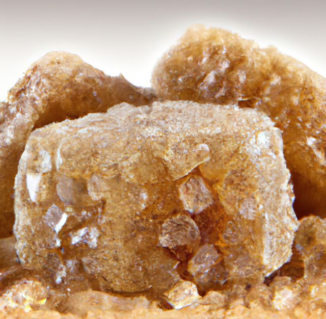 Detailed close-up of brown rock sugar crystals showcasing texture and natural formation. Ideal for use in food and beverage packaging, advertising, cookbooks, educational materials on natural sweeteners, and health and wellness websites. Can be used to emphasize unrefined, natural sugar in recipes or for artistic designs highlighting detailed textures.