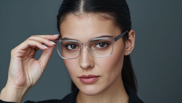 Confident woman wearing clear eyeglasses and dark blazer close-up portrait with soft lighting