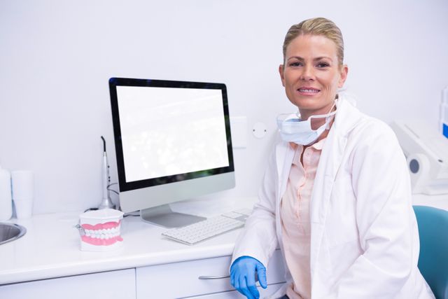 Dentist sitting in a modern clinic, smiling at the camera. She is wearing a white coat and gloves, with a computer and dental model on the desk. Ideal for use in healthcare, dental care, and professional medical settings. Can be used for promoting dental services, healthcare technology, and professional medical environments.
