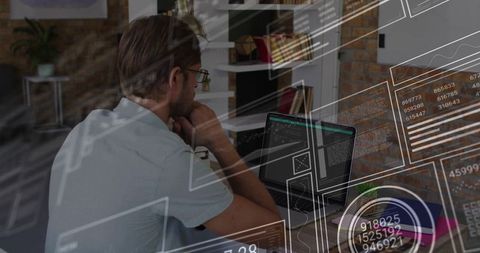 Man analyzing data dashboard on laptop in modern brick office with HUD analytics overlays