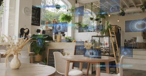 Sunlit modern cafe interior featuring augmented reality hud over wooden tables and greenery