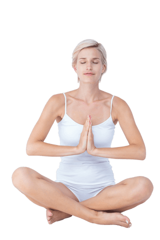 Transparent Yoga Pose with Relaxed Meditative Woman in White