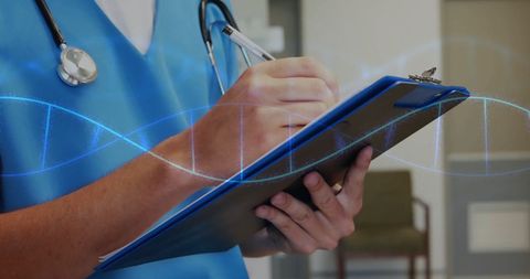 Doctor Writing on Clipboard with DNA Concept Overlay
