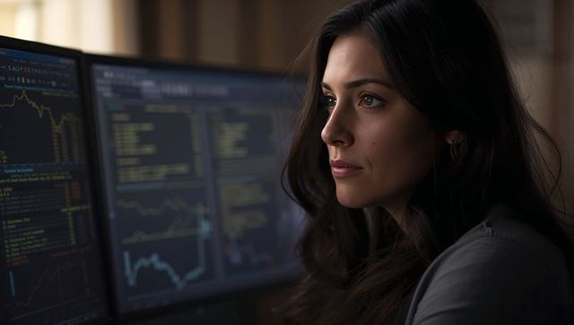 Focused female trader analyzing market data on dual monitors in dim home office for finance apps