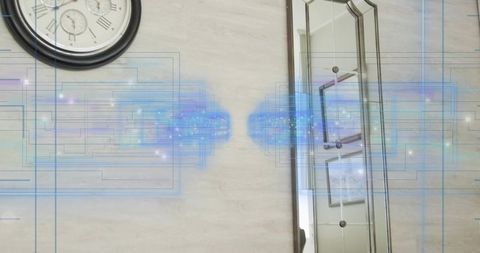 Holographic blue circuit grid reflecting on interior wall with clock and mirror