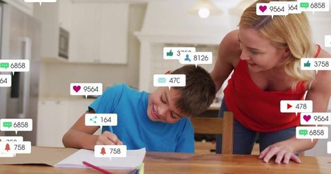 Mother Guiding Son in Homework, Boosting Online Presence with Social Media Icons