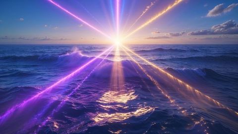 Sunset over ocean with radiant violet and golden beams