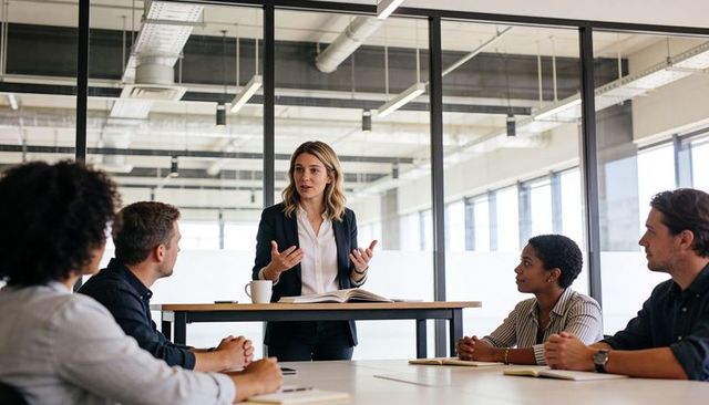 Female leader presenting strategy to team in modern glass-walled boardroom with colleagues