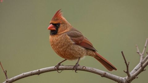 Female Northern Cardinal on Twig with Green Background