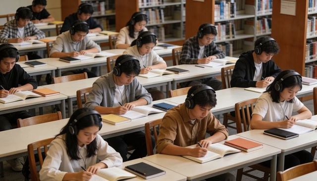 College students studying with headphones at long tables in library, focused note-taking