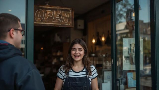 Smiling barista greeting customer at cozy urban cafe doorway, welcoming warm storefront