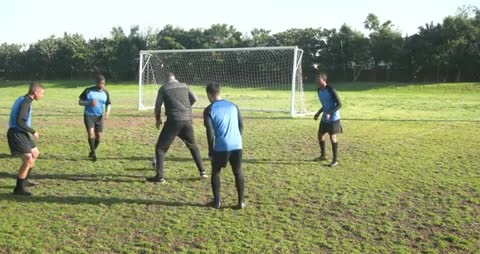 Soccer Players Practicing Teamwork on Field Amid Strategy Drill