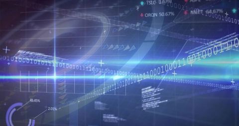 Glowing Binary Data Ribbon Streaming Across Futuristic Cyber Dashboard With Neon Analytics Grid