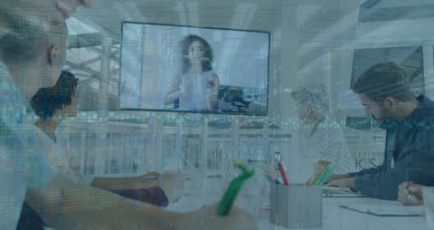 Team Meeting with Digital Financial Data Interface Overlay