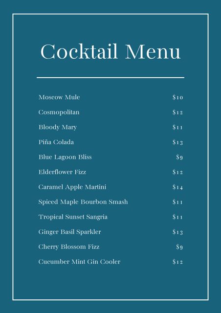 This stock image features an elegant cocktail menu printed on a blue background. It lists various popular cocktails such as Moscow Mule, Cosmopolitan, and Piña Colada, along with their prices. Ideal for use in digital marketing materials for bars and restaurants, social media posts promoting cocktail specials, and print materials like menus and promotional flyers for events or happy hours.
