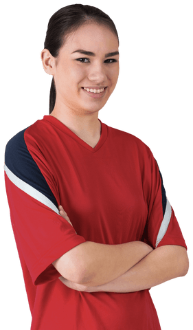 Confident Asian Woman in Red Sports Jersey Transparent Background