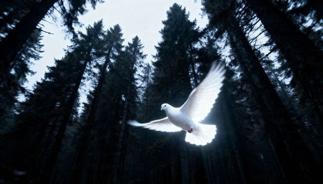 Glowing White Dove Soaring Above Misty Conifer Forest Backlit Wings Spread Cinematic