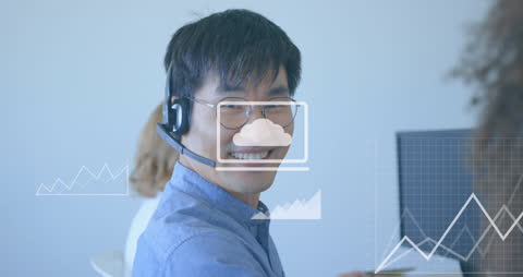 Smiling Businessman with Headset in Modern Office, Financial Data Animation