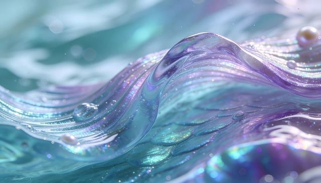 Iridescent opalescent liquid wave with glitter pearls, prismatic sheen, luxury texture