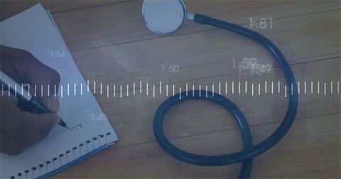 Medical analysis with stethoscope notebook and measurements