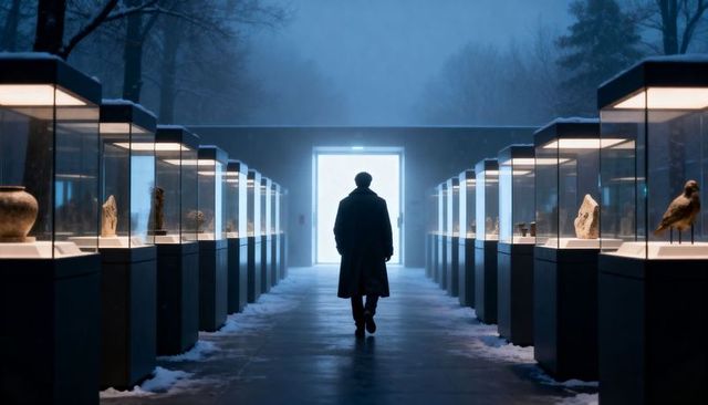 Silhouetted man walking museum corridor lined with lit vitrines and artifacts in snow
