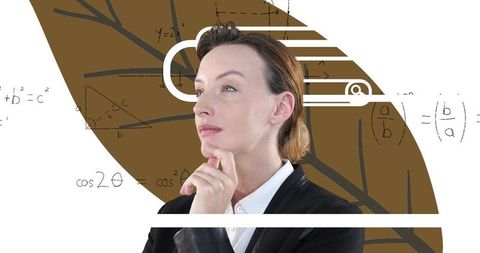 Caucasian Businesswoman Contemplating with Mathematical Formulas