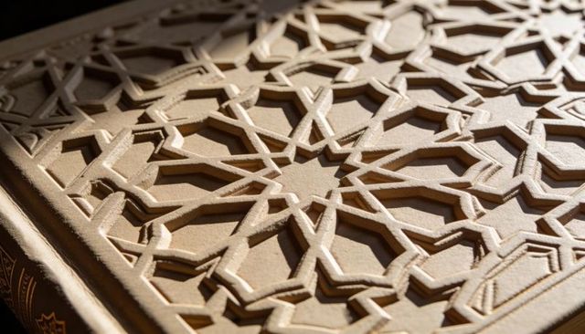 Embossed leather cover featuring islamic geometric star pattern and gilt spine detail