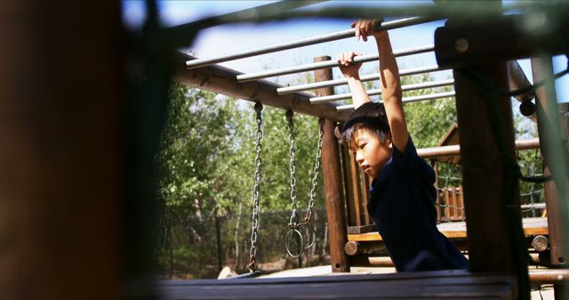 Child Hanging on Monkey Bars in Outdoor Playground - Download Free Stock Images Pikwizard.com