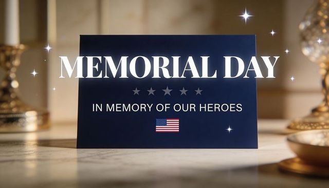 Memorial day tribute card standing on marble table with american flag emblem and candlelight