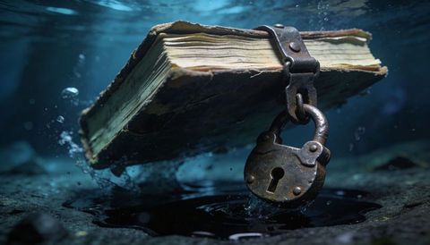 Floating ancient leather-bound tome with rusted padlock underwater moody lighting