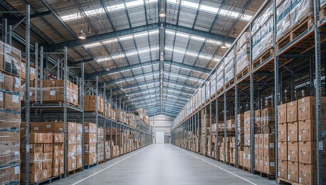 Spacious Warehouse Interior with Stacked Cardboard Boxes on Metal Racks