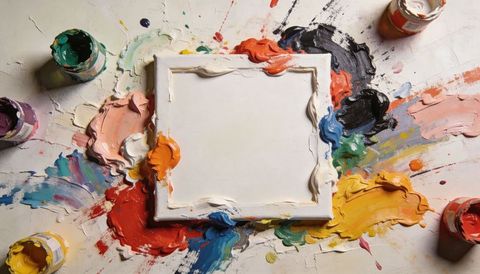 Square canvas resting on paint-splattered surface surrounded by vibrant oil impasto and open jars