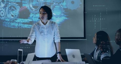 Businesswoman Leading Futuristic Tech Presentation
