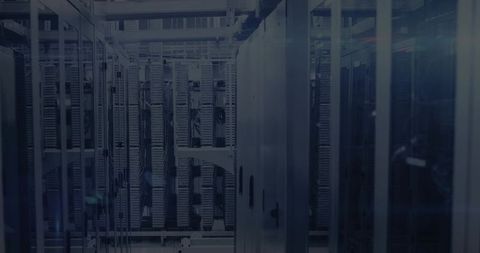 Modern Data Center with Illuminated Server Racks and Network Infrastructures