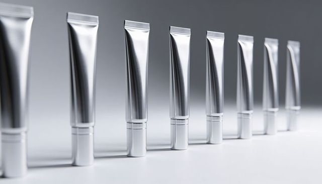 Minimalist metallic cosmetic tubes arranged in reflective diagonal row packaging mockup