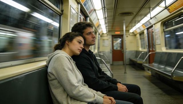 Couple leaning on shoulder on subway bench sharing quiet moment while commuting