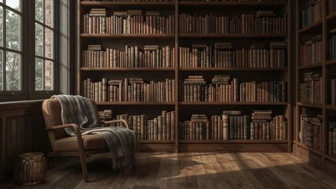 Cozy library reading nook with armchair and bookshelves