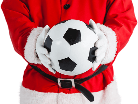 Festive santa holding football with transparent background