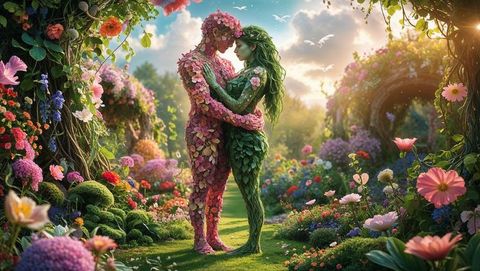 Fantasy Botanical Couple Embracing in Enchanted Garden