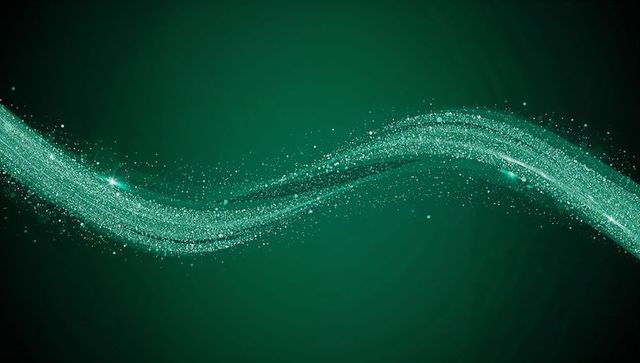 Sinuous teal glitter ribbon with sparkling particles and light flares dark gradient