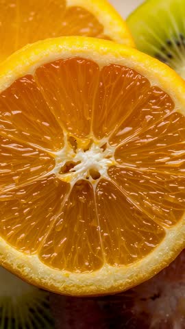 Vertical video zooming into glossy orange half showing juice droplets, pulp texture, kiwi
