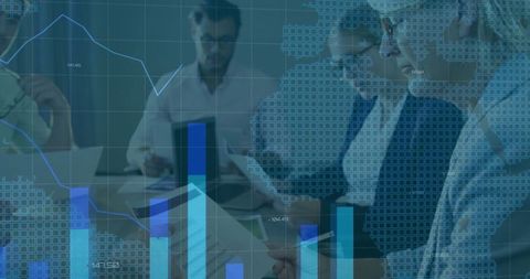 Analytics team meeting with digital data synchronization