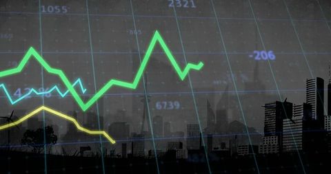 Green Line Graph Over Urban Skyline Data Visualization