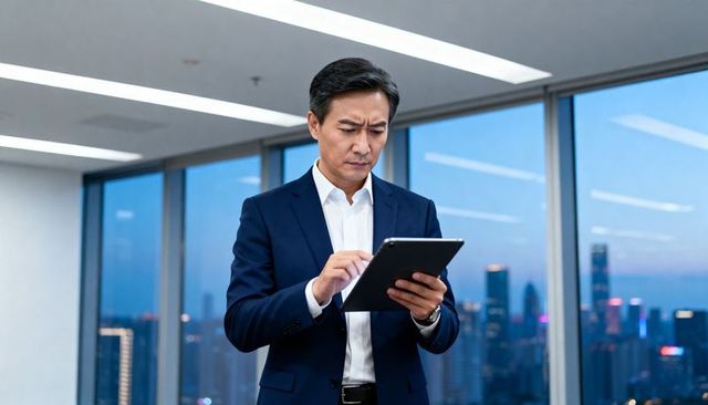 Asian executive reviewing tablet in modern high-rise office with city skyline at dusk