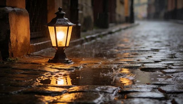 Antique lantern glowing on wet cobblestone alley, casting warm reflections in rain