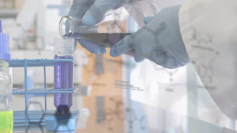 Scientist Performing Experiment with Chemicals and Data Overlay