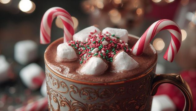 Festive hot chocolate with marshmallows and candy canes in ornate mug